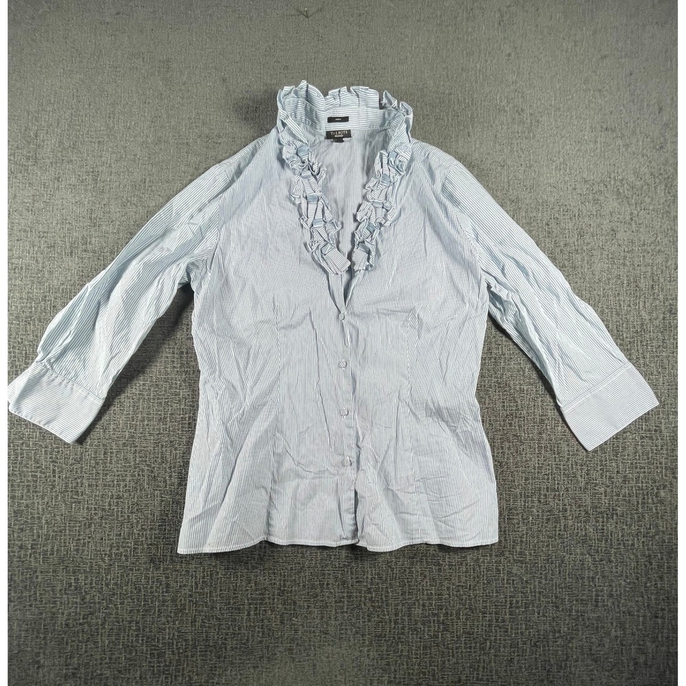 Talbots Womens 12 Blue White Striped Ruffle Neck 3/4 Sleeve Stretch Blouse Top